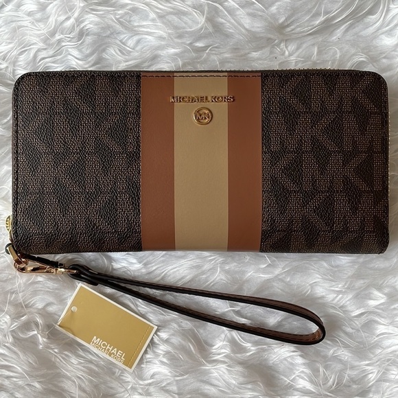 Brand New Michael Kors Center Stripe Brown Luggage Large Zip Around Wallet - Picture 1 of 16